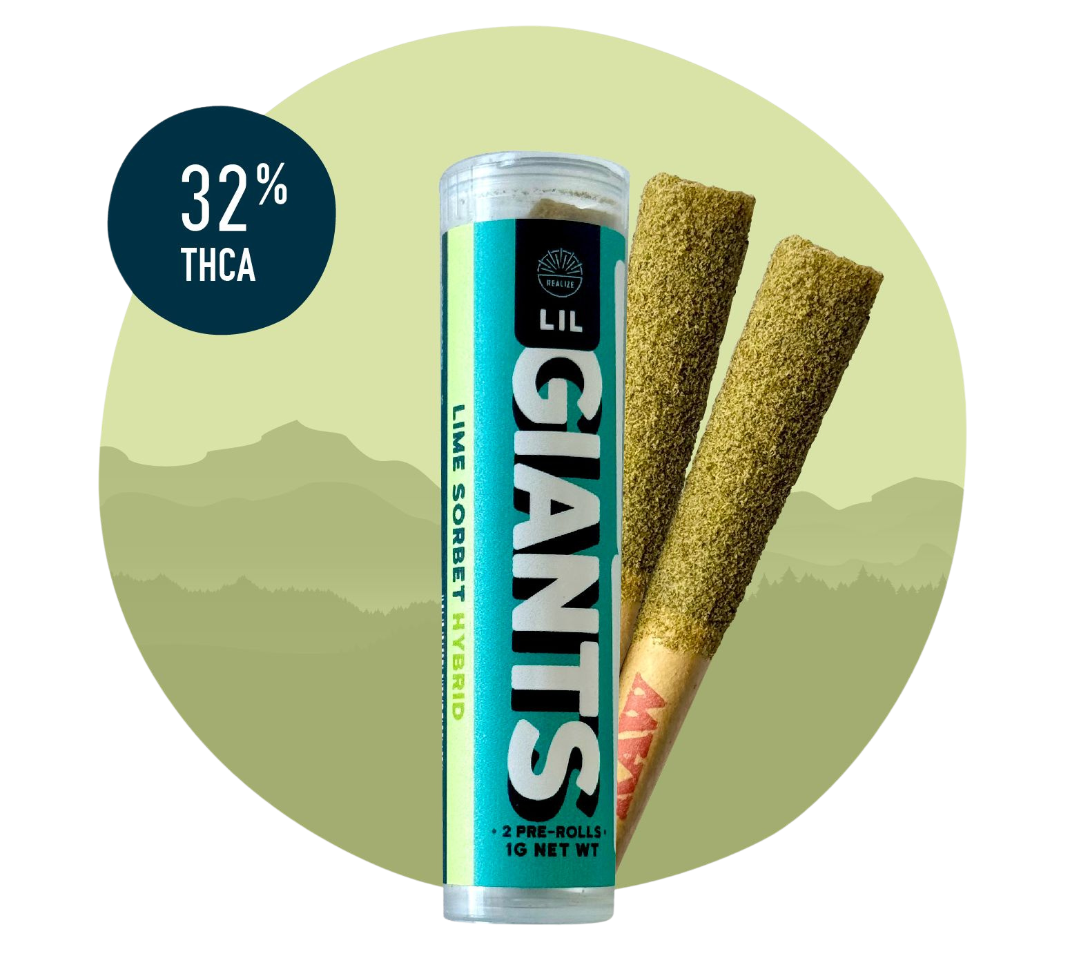 Realize Lil Giants Lime Sorbet hybrid 32 percent THCA pre-rolls with tube packaging and two infused hemp joints