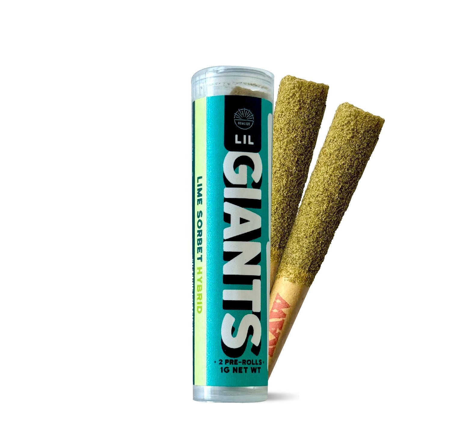 Realize Lil Giants Lime Sorbet hybrid 32 percent THCA pre-rolls with tube packaging and two infused hemp joints