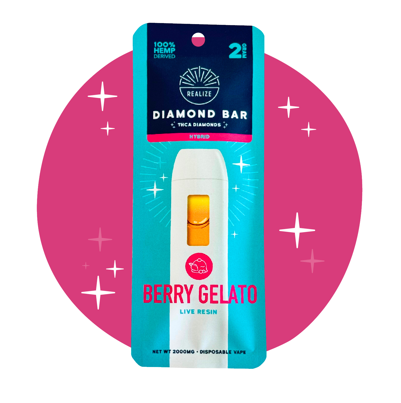 Realize Berry Gelato Diamond Bar disposable vape packaging front, hybrid strain with THCA diamonds and live resin, 2 gram disposable vape with white device and pink accents