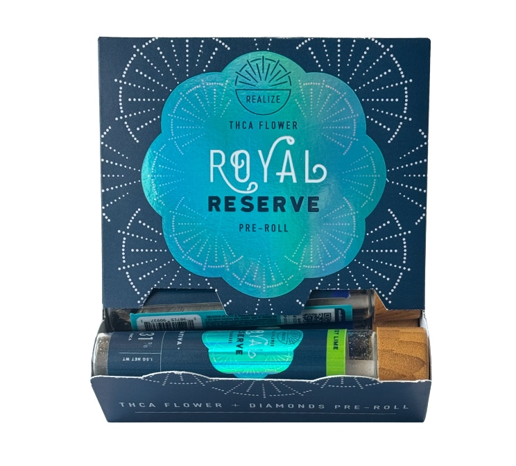 Realize Royal Reserve THCA flower pre-rolls wholesale display box with 12 premium 1.5g hemp-derived pre-rolls