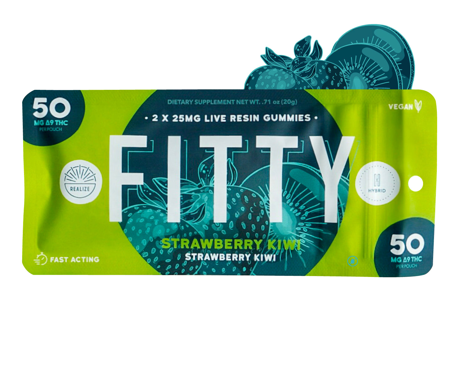Realize DYE FREE FITTY strawberry kiwi live resin gummies hybrid with 50mg Delta-9 THC per pouch