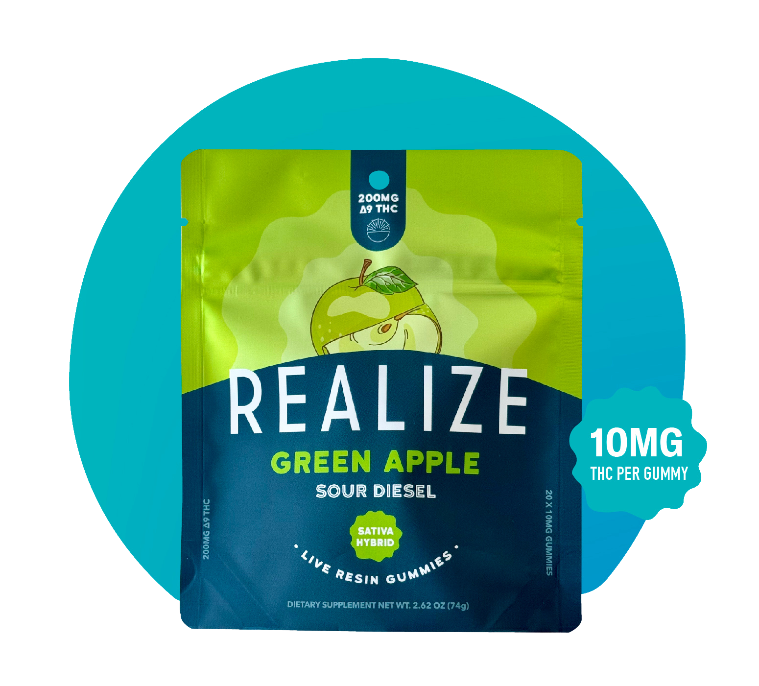 Realize Green Apple Sour Diesel live resin gummies sativa hybrid packaging with 10mg THC per gummy and 200mg Delta-9 THC total