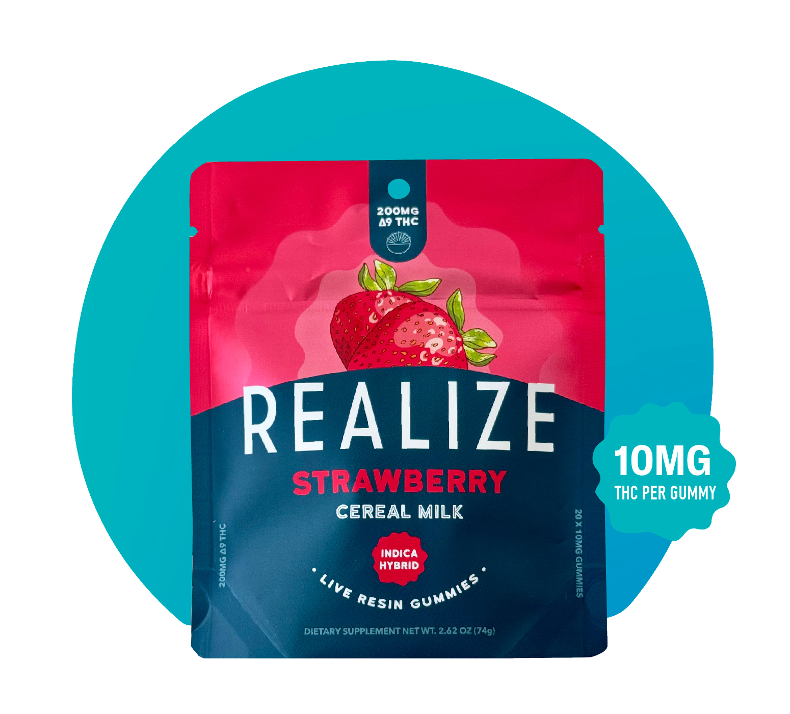 Realize Strawberry Cereal Milk live resin gummies packaging front, indica hybrid flavor with 200mg Delta-9 THC total and 10mg per gummy in red and teal pouch
