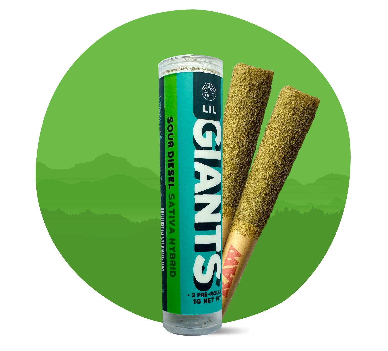Realize Lil Giants Sour Diesel sativa hybrid 29% THCA pre-rolls with tube packaging and two infused hemp joints