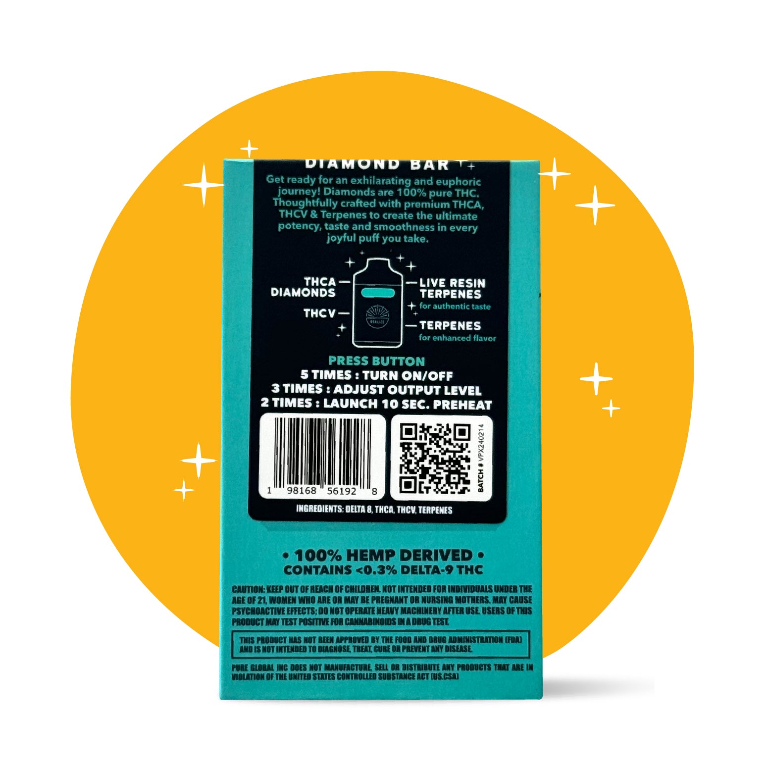 Back of Realize Pineapple Express disposable vape packaging showing product details, usage instructions, ingredients, barcode, and hemp-derived THC disclaimer on teal box with orange background