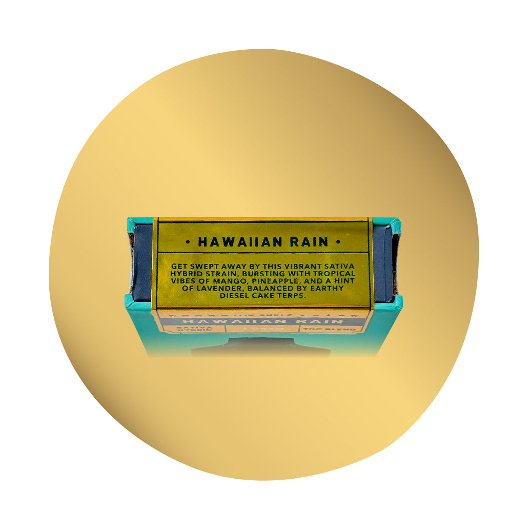 Top of Realize Top Shelf Hawaiian Rain 4 gram disposable vape packaging showing strain description and tropical flavor notes