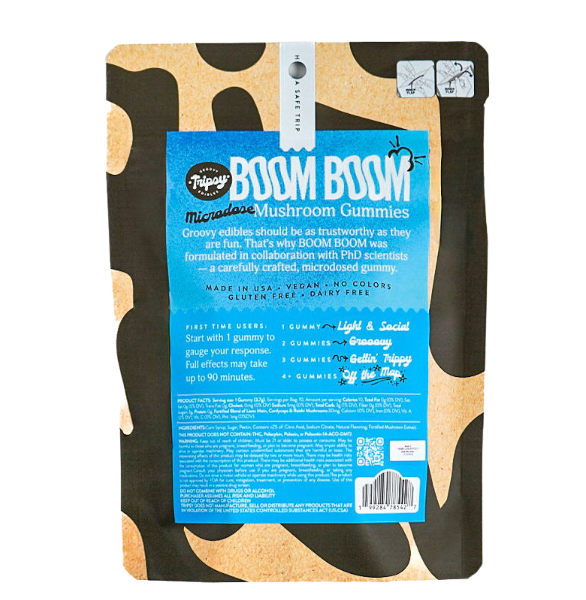 Back of Trippy BOOM BOOM microdose mushroom gummies packaging in blueberry flavor showing product description, dosage guide, ingredients, and safety information on a blue gradient label