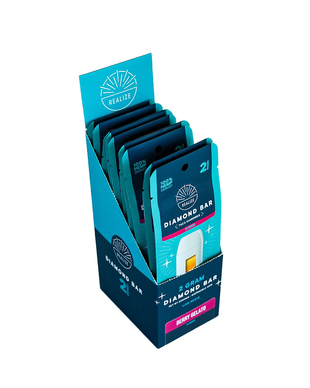 Realize Hemp Diamond Bar disposable vape packaging in Berry Gelato (Hybrid). The image shows a turquoise and navy-blue retail box partially opened to reveal a white vape device with visible amber oil. Packaging features the Realize logo and product details including "2 Gram Diamond Bar," "THCa Diamonds," "Live Resin," and "100% Hemp Derived." The Berry Gelato strain is displayed on a magenta label, with Hybrid designation shown on the packaging. Product photographed against a light gray background.