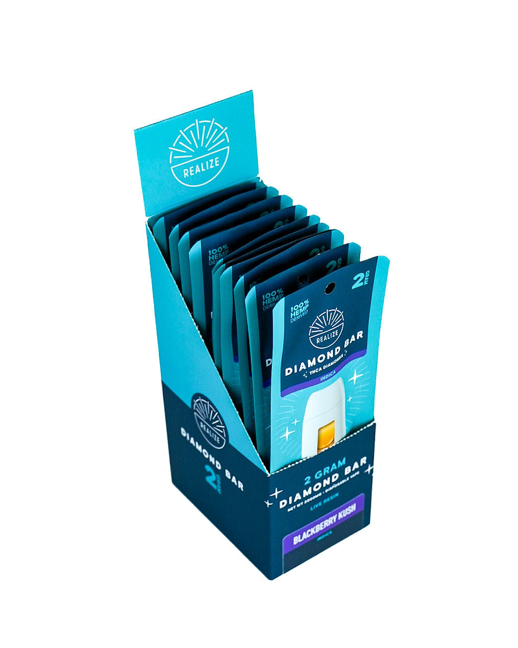Realize Hemp Diamond Bar disposable vape packaging in Blackberry Kush (Indica). The image shows a turquoise and navy-blue retail box partially opened to reveal a white vape device with visible amber oil. Packaging features the Realize logo and product details including "2 Gram Diamond Bar," "THCa Diamonds," "Live Resin," and "100% Hemp Derived." The Blackberry Kush strain is highlighted on a purple label, with Indica designation shown on the packaging. Product photographed against a light gray background.