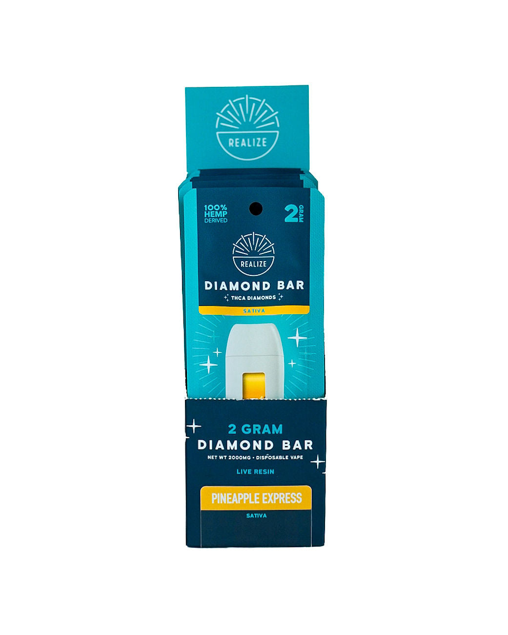Realize Hemp Diamond Bar disposable vape packaging in Pineapple Express (Sativa). The image features a turquoise and navy-blue retail box partially opened to reveal a white vape device with visible amber oil. Packaging displays the Realize logo and product details including "2 Gram Diamond Bar," "THCa Diamonds," "Live Resin," and "100% Hemp Derived." The Pineapple Express strain is highlighted on a yellow label, with Sativa designation shown on the packaging. Product photographed against a light gray backgr