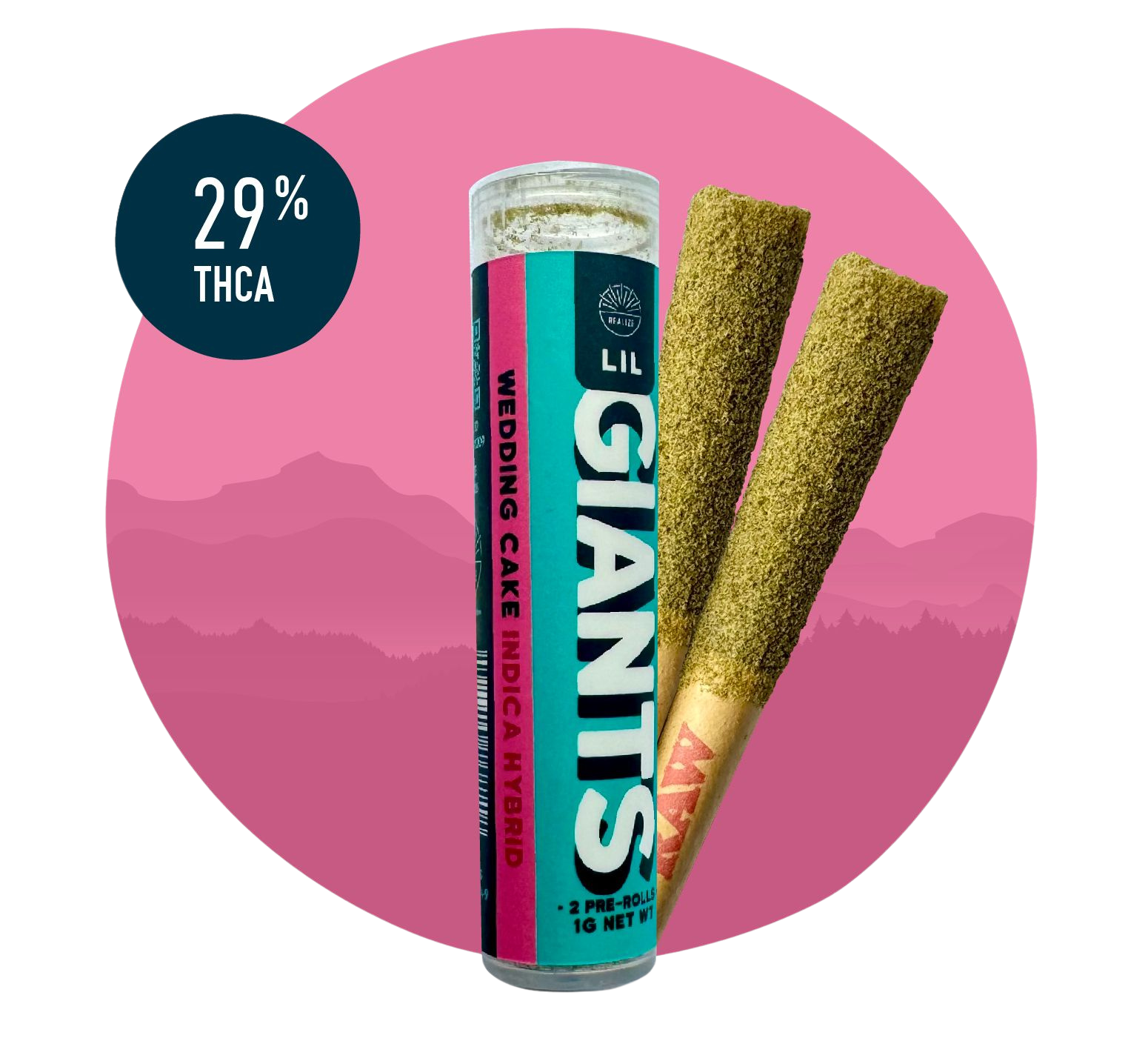 Realize Lil Giants Wedding Cake indica hybrid 29% THCA pre-rolls with tube packaging and two infused hemp joints