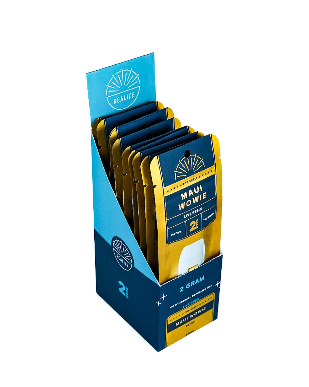 Realize Top Shelf Maui Wowie 2 gram disposable vape retail display featuring gold and navy packaging with live resin THC blend branding.