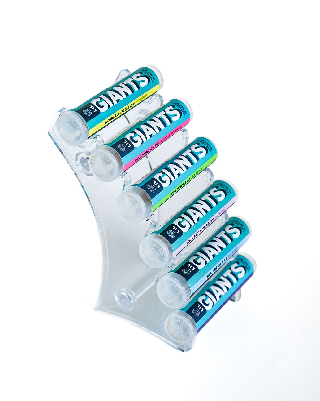 Realize Lil Giants THCA hemp pre-roll tubes display featuring multiple strains including Gorilla Glue, Wedding Cake, Trainwreck, and Blueberry AK
