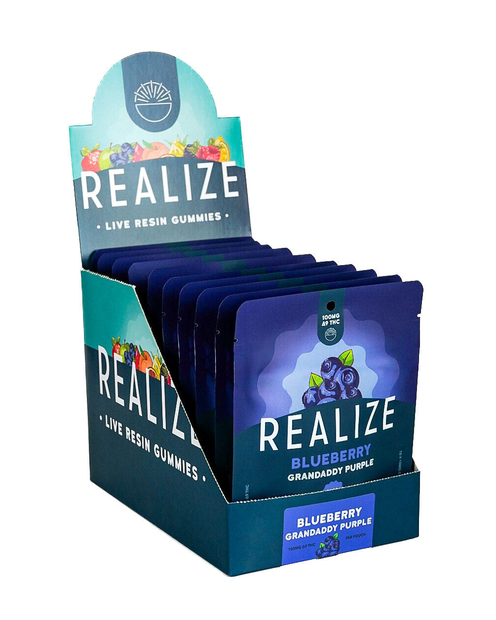 Realize live resin gummies Blueberry Granddaddy Purple 100mg Delta-9 THC wholesale display box with retail packaging
