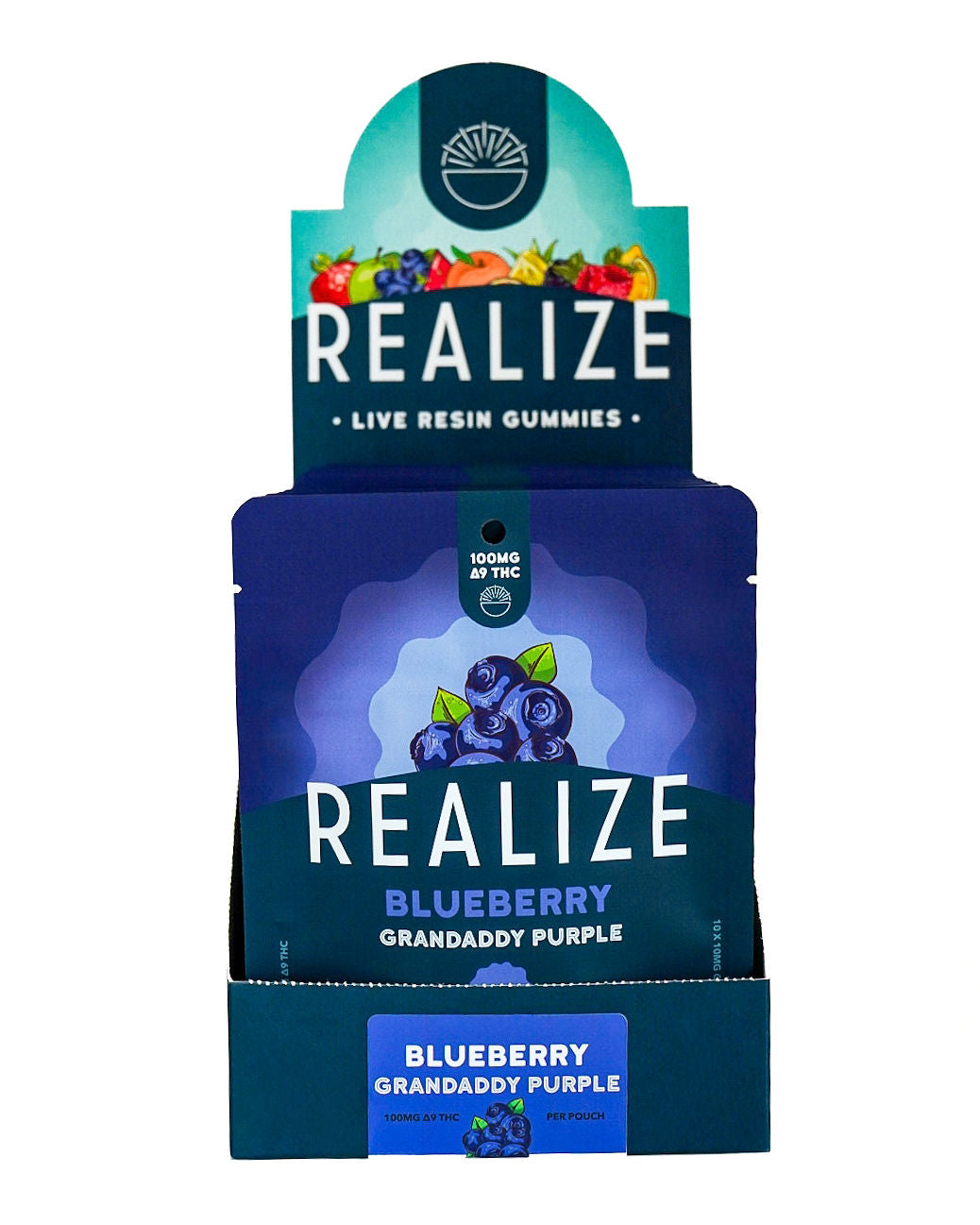 Realize live resin gummies Blueberry Granddaddy Purple 100mg Delta-9 THC wholesale display box with retail packaging
