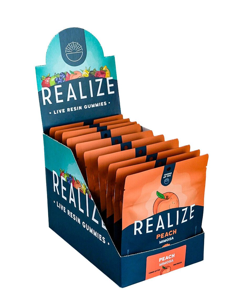 Realize live resin gummies Peach Mimosa 100mg Delta-9 THC wholesale display box with retail packaging