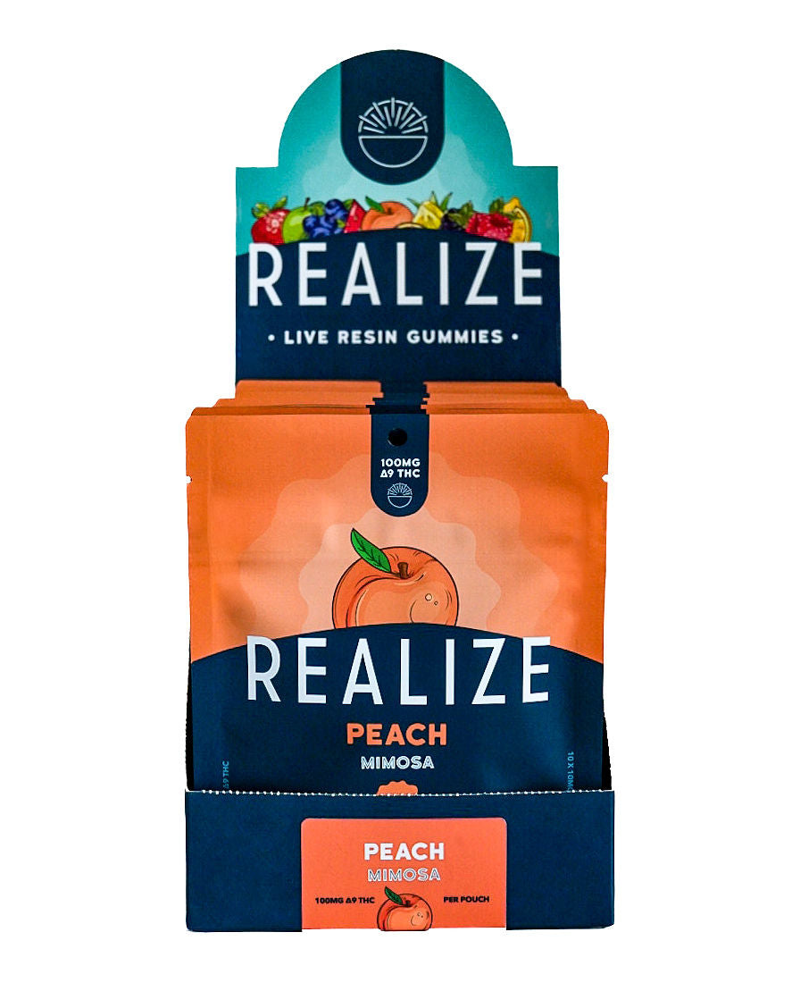 Realize live resin gummies Peach Mimosa 100mg Delta-9 THC wholesale display box with retail packaging