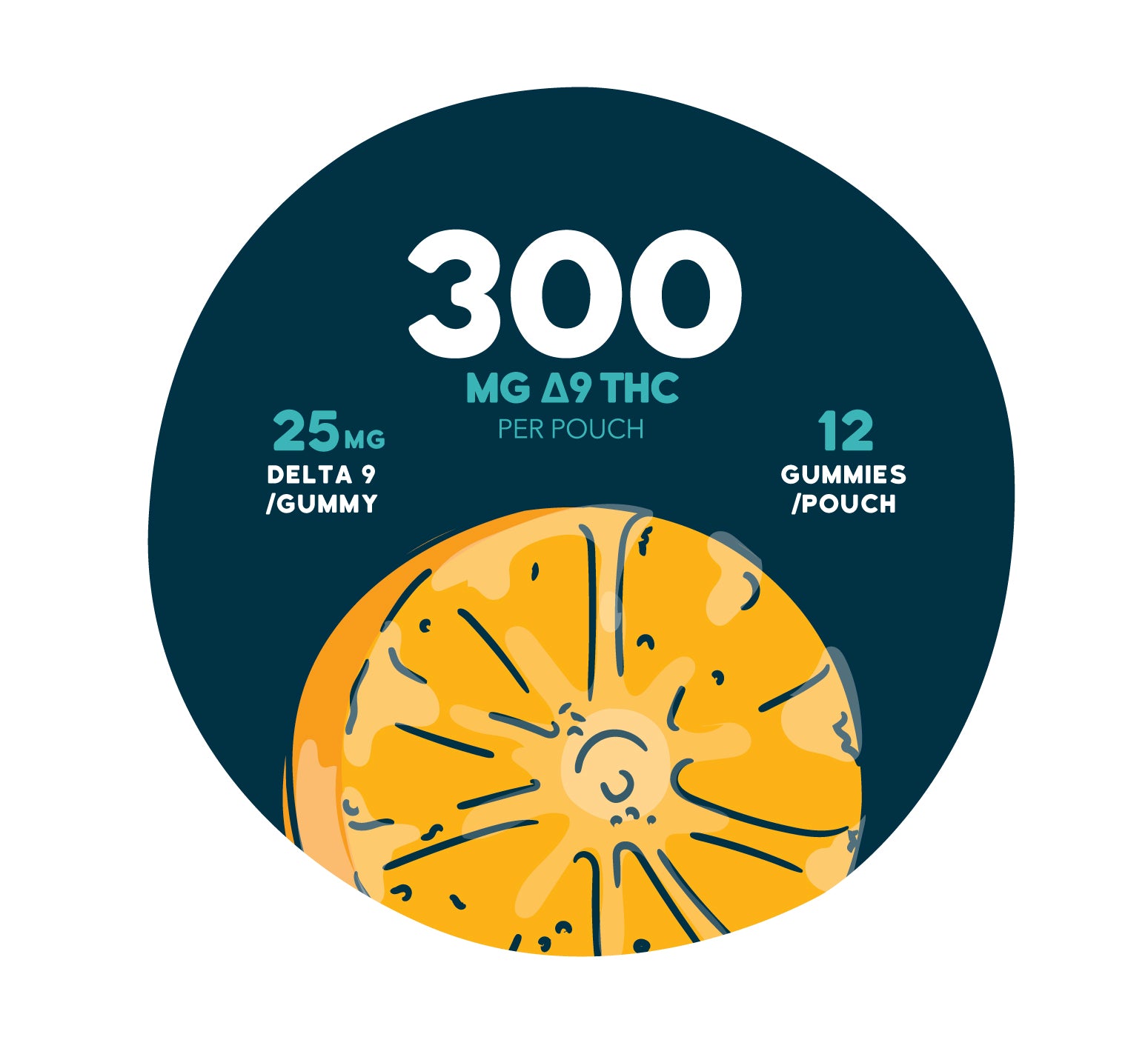 Graphic showing a close-up orange, fruit slice-style gummy on a dark teal background with text reading “300 MG Δ9 THC per pouch,” “25 MG Delta 9 / gummy,” and “12 gummies / pouch.”