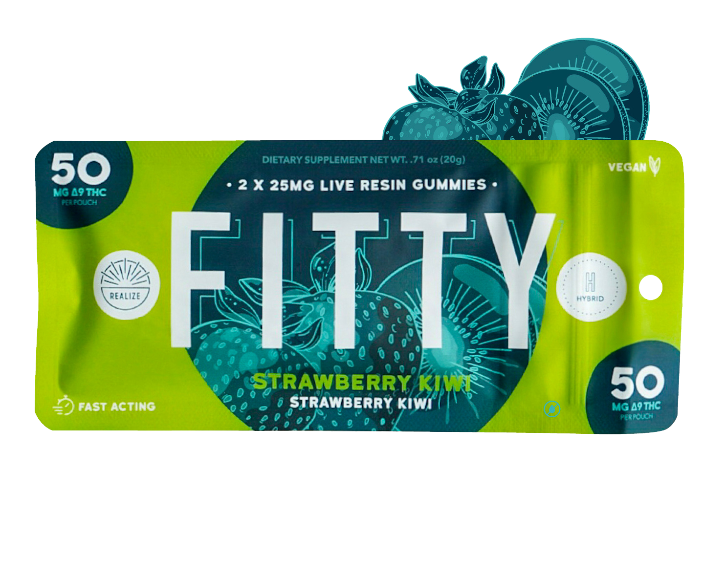 Realize DYE FREE FITTY strawberry kiwi live resin gummies hybrid with 50mg Delta-9 THC per pouch