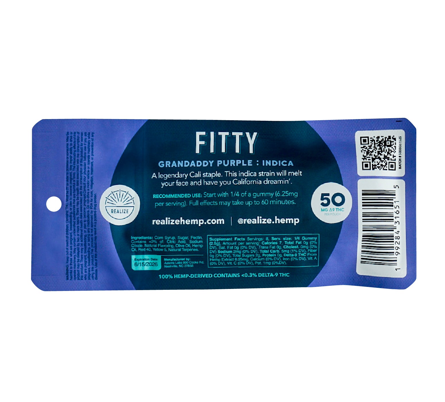 Back of Realize FITTY blueberry Granddaddy Purple indica live resin gummies packaging showing dosage, ingredients, and QR code
