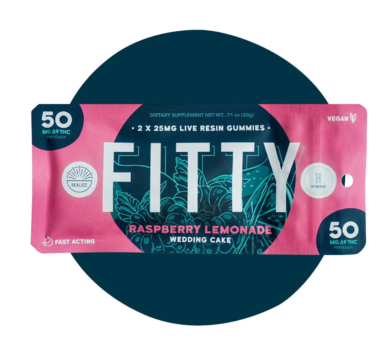 Realize FITTY raspberry lemonade Wedding Cake live resin gummies hybrid with 50mg Delta-9 THC per pouch