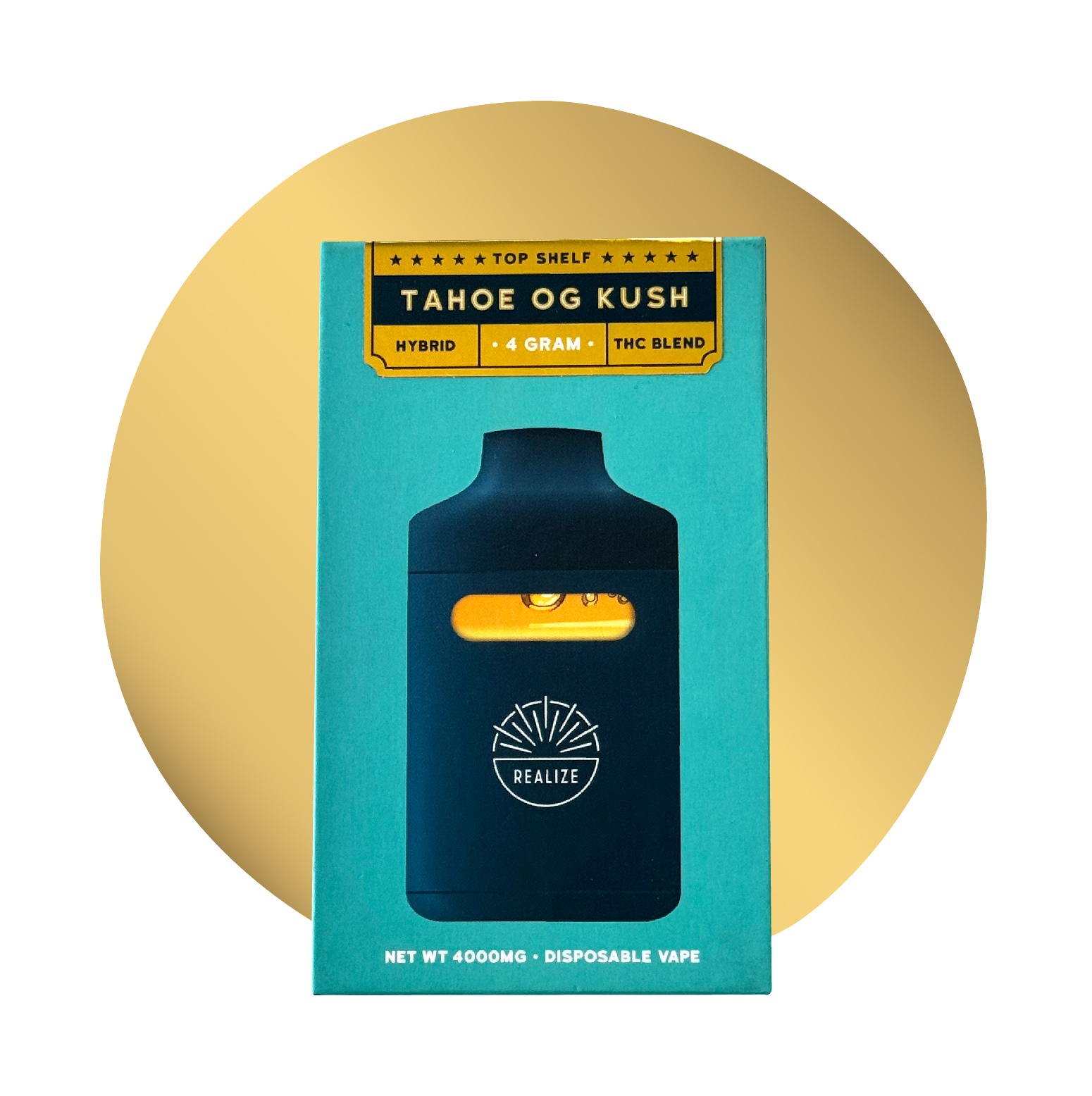 Realize Tahoe OG Kush Top Shelf 4 gram disposable vape, hybrid THC blend packaging with device shown on the front
