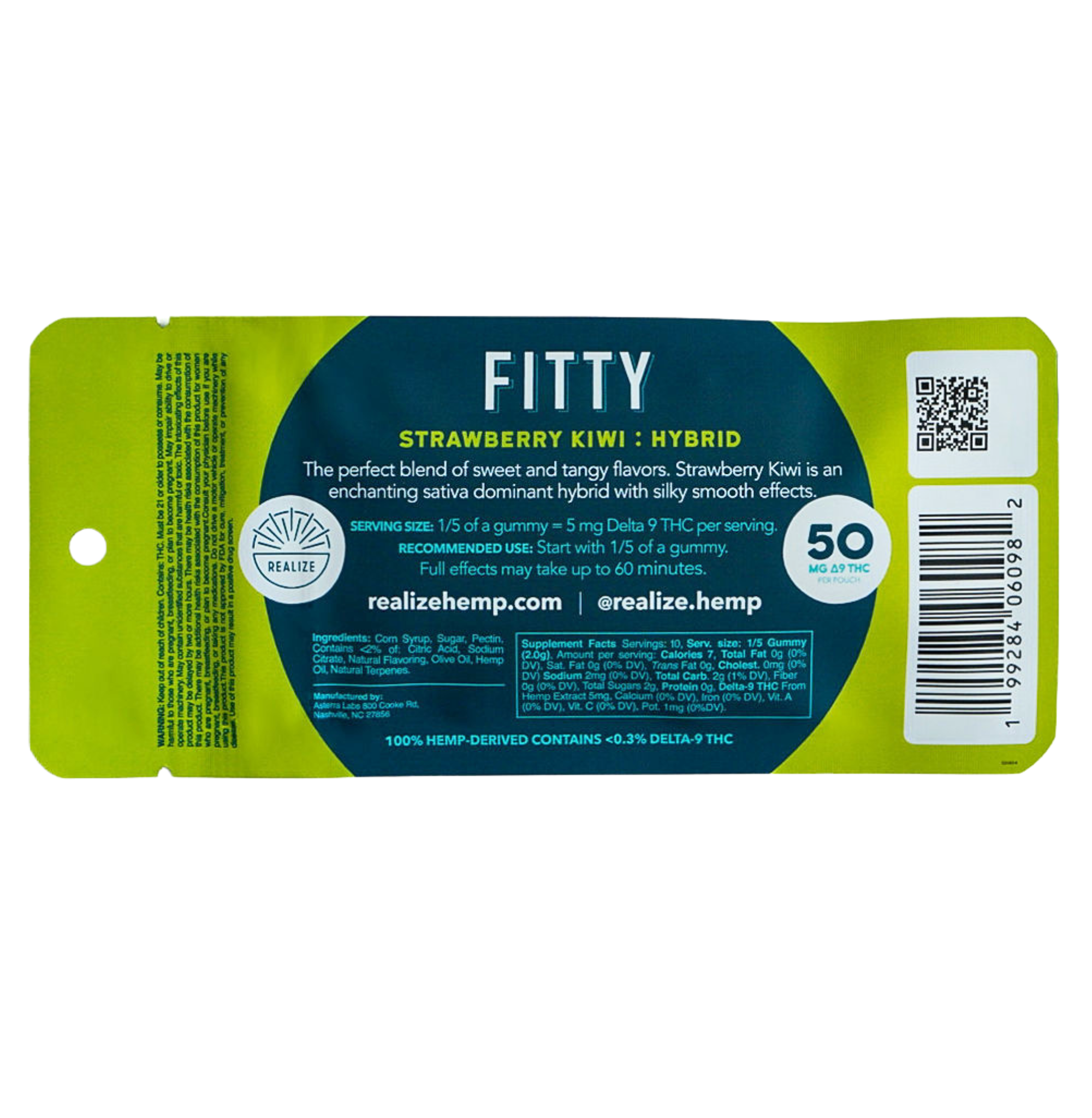 Back of Realize FITTY strawberry kiwi hybrid live resin gummies packaging showing dosage, ingredients, and QR code